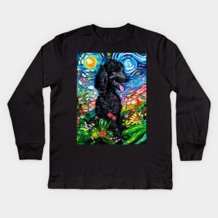 Black Poodle Starry Night with Flowers Kids Long Sleeve T-Shirt